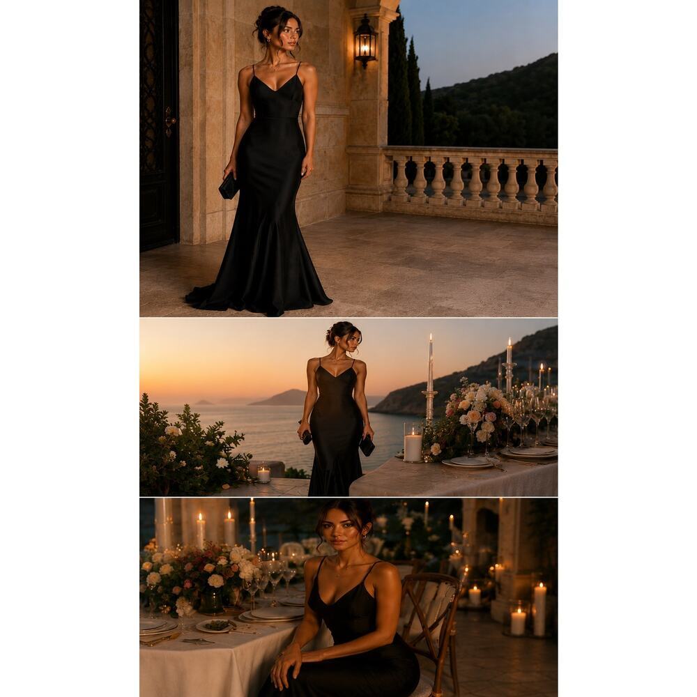 Lulu’s Black Crepe Mermaid Maxi Dress Small NWT Adjustable Straps Formal Gown